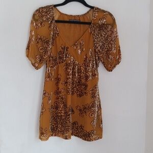Y2K Hale Bob Womens Top Sz XS Gold Peasant Babydoll Velvet Burnout Puff Sleeves